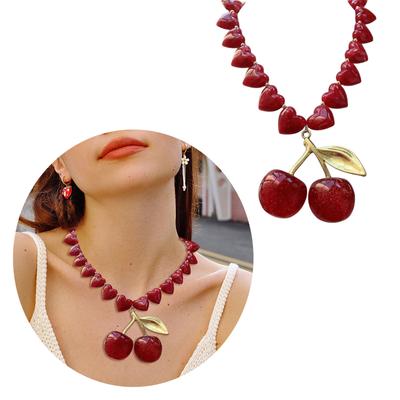 Elegant Acrylic Cherrys Pendant and Beaded Heart Beaded Necklace Portable for Casual And Party Stylish Outfits