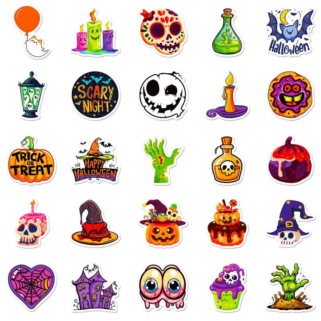 50pcs Halloween Stickers, Graffiti Cartoon Horror Decals, Decorative Waterproof Stickers for Water Cups and Trolley Cases Gifts