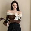 Coquette Off Shoulder Black T-shirts Women Korean Style Chic Bow Brown Long Sleeve Tees Sweet Sexy Patchwork Slim Tops