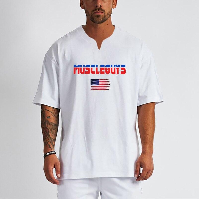 Muscleguys Men's Summer Loose Korean Streetwear Men Tops Youth Fashion Casual V-neck Cotton T-shirt Oversized Short-sleeve Graphic T Shirts