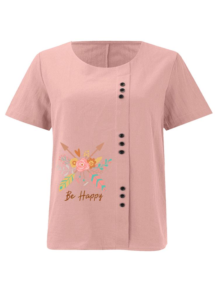Women s Fashion Feather Arrow Flower Print Round Neck Short Sleeve T-shirt Summer Casual Cotton Linen Graphic Shirt Leisure Loose Blouse Tops S розовый
