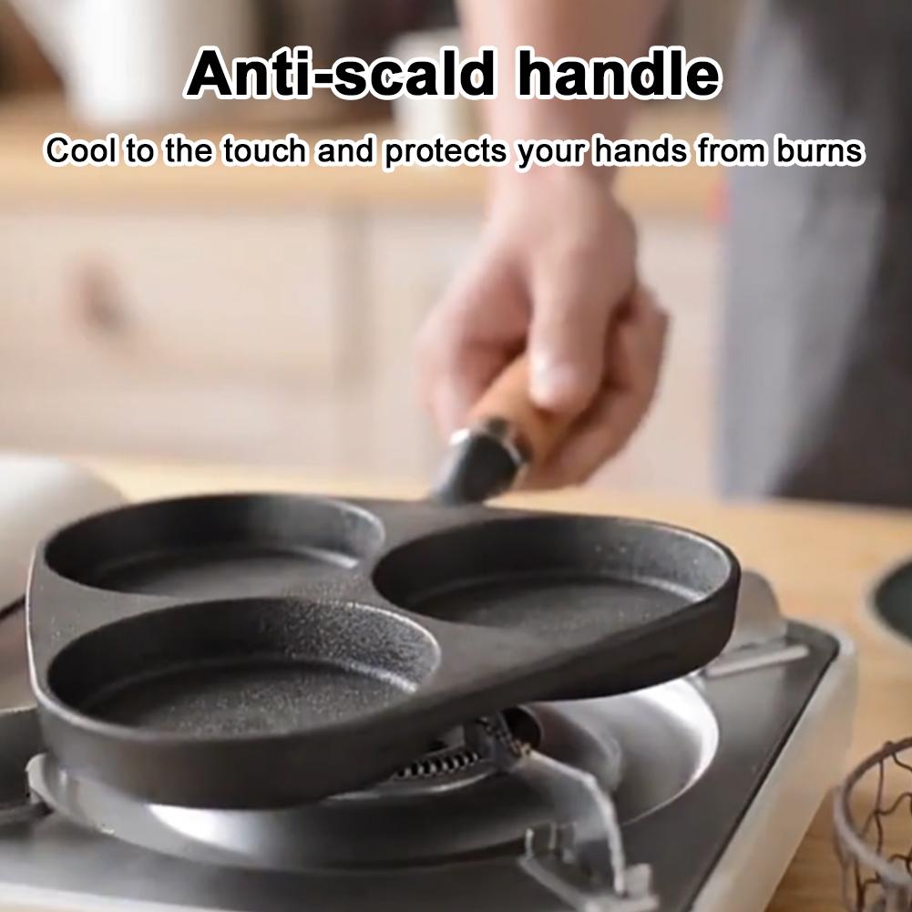 Gusseisen Frühstückspfanne mit Holzgriff Drei-Loch Eierkocher Antihaft-Kochpfanne für perfekt gebratene Eier