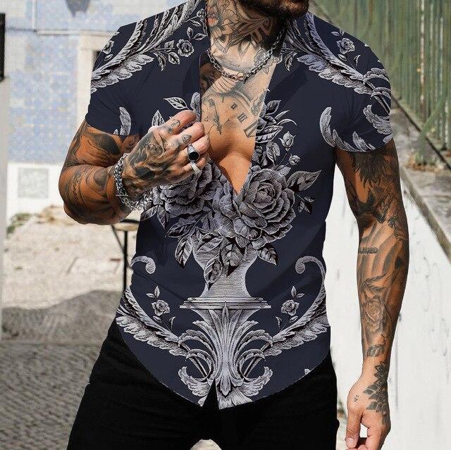 Pánské košile Krátké Luxusní košile s límečkem Lapel Prom Vysoce kvalitní topy Pánské oblečení Slim Fit Tričko 5xl Barokní potisk Volná trička