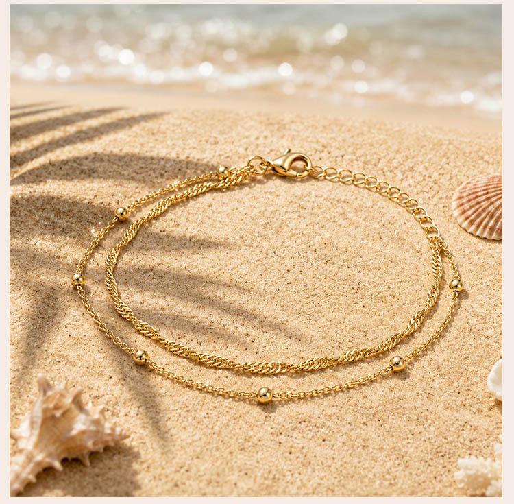 Tarnish Free Bead Anklet,Stainless Steel Double Layered Foot Chain Adjustable,Summer Beach Versatile Jewelry for Her Gift