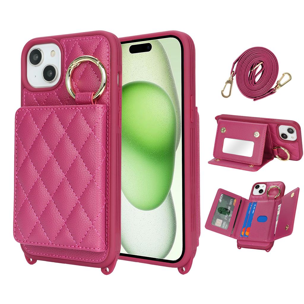 For iPhone 15 Plus/14 Plus Case with Lanyard/Mirror/Card Holder Grids Pattern RFID Blocking Phone Cover