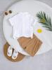 Boys' White Stripe Short-Sleeve Shirt & Khaki Shorts Set (2025 Spring/Summer Collection)
