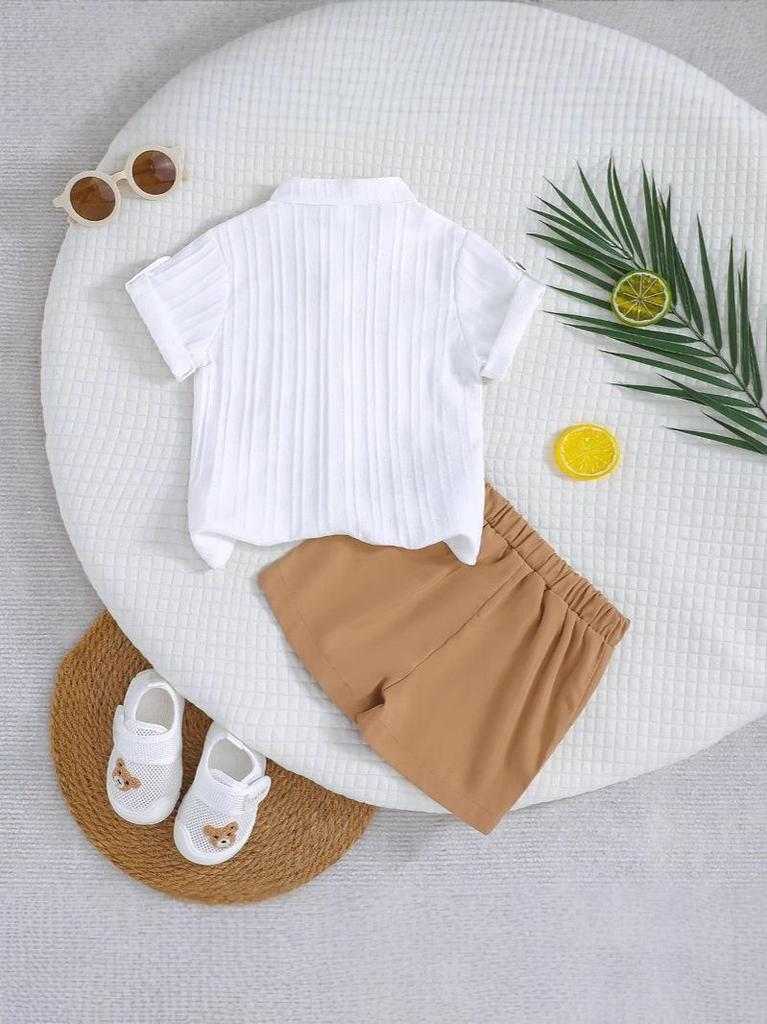 Boys' White Stripe Short-Sleeve Shirt & Khaki Shorts Set (2025 Spring/Summer Collection)