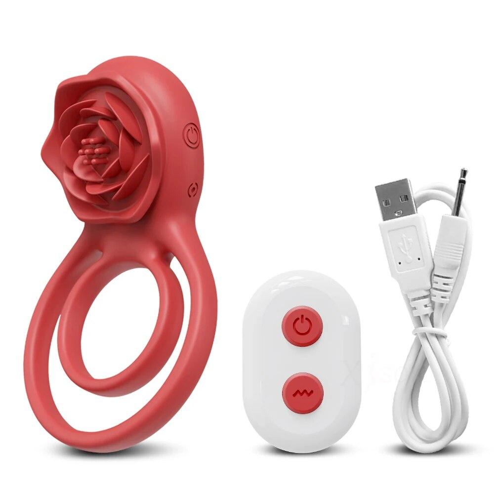 Rose-Toy Cockring Vibrator for Men and Woman Wireless Remote Control Penis Rings Delay Ejaculation Sex Toys for Male Cock Rings