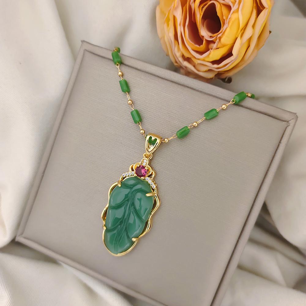 Luxurious Gold Branch Jade Leaf Necklace - Non-Fading, High-End Imitation Chalcedony