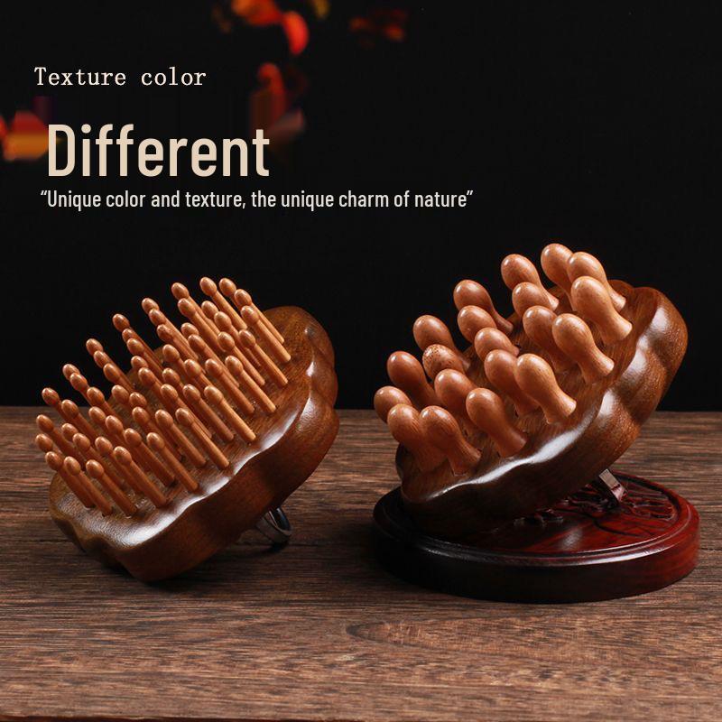 Sandalwood Massage Comb: Round Disc Finger Ring Shampoo Brush for Body and Scalp.
