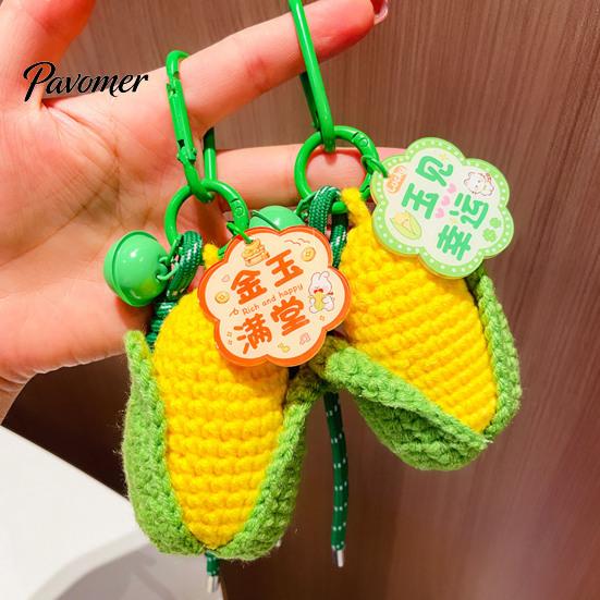 Good Luck Keychain Crocheted Corn for Backpacks, Handmade Keyring with Bell Portable Charm & Blessing Tag, Simulated Vegetable Bag Pendant