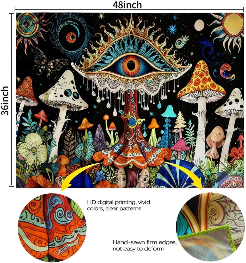 Bohemian Pilz-Wandteppich, Mystisches Böses Auge und Bunte Pilze Mit Himmlischen Elementen Auf Schwarzem Hintergrund Wandkunst Für