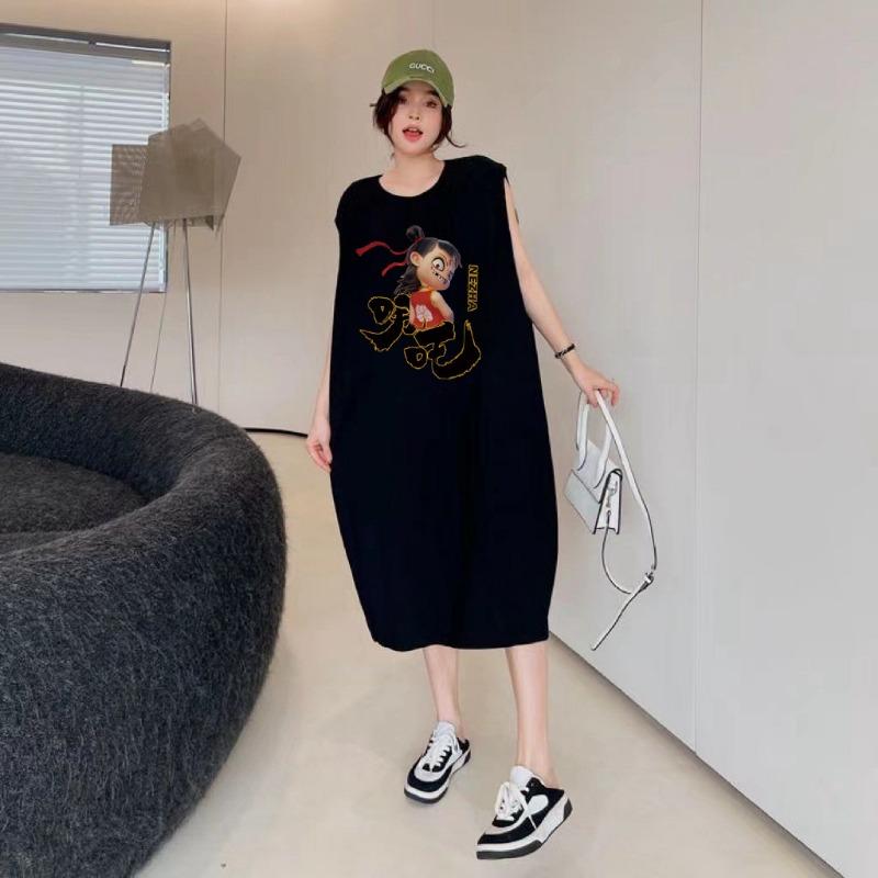 Women's Summer Cartoon Swing Sleeveless Tank Top with Halter Long T-shirt Dress