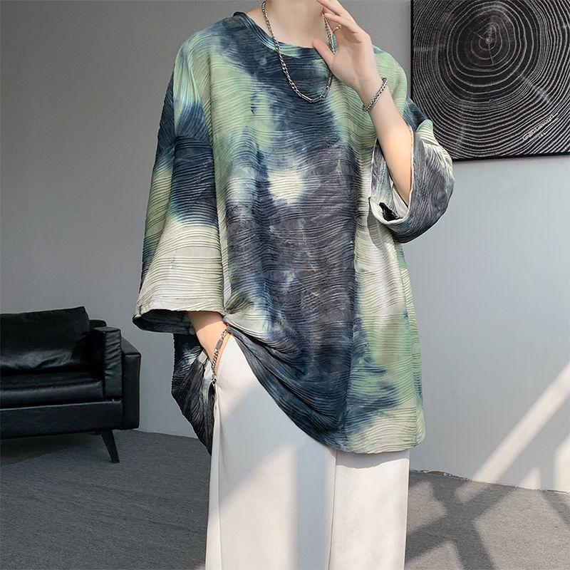

Tie Dye Vintage Printed Loose T-shirts Men s Clothing Contrasting Colors Summer Casual Half Sleeve Youthful Vitality Pullovers L зелений