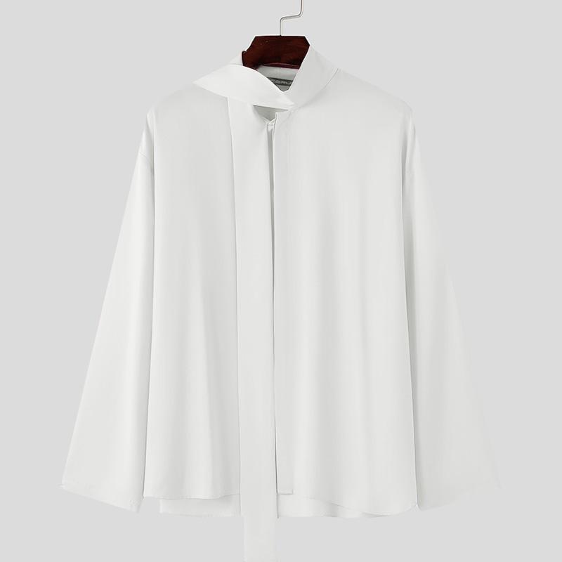 

INCERUN Мужские рубашки с завязкой на шее, повседневные нестандартные топы с длинным рукавом 3XL белый