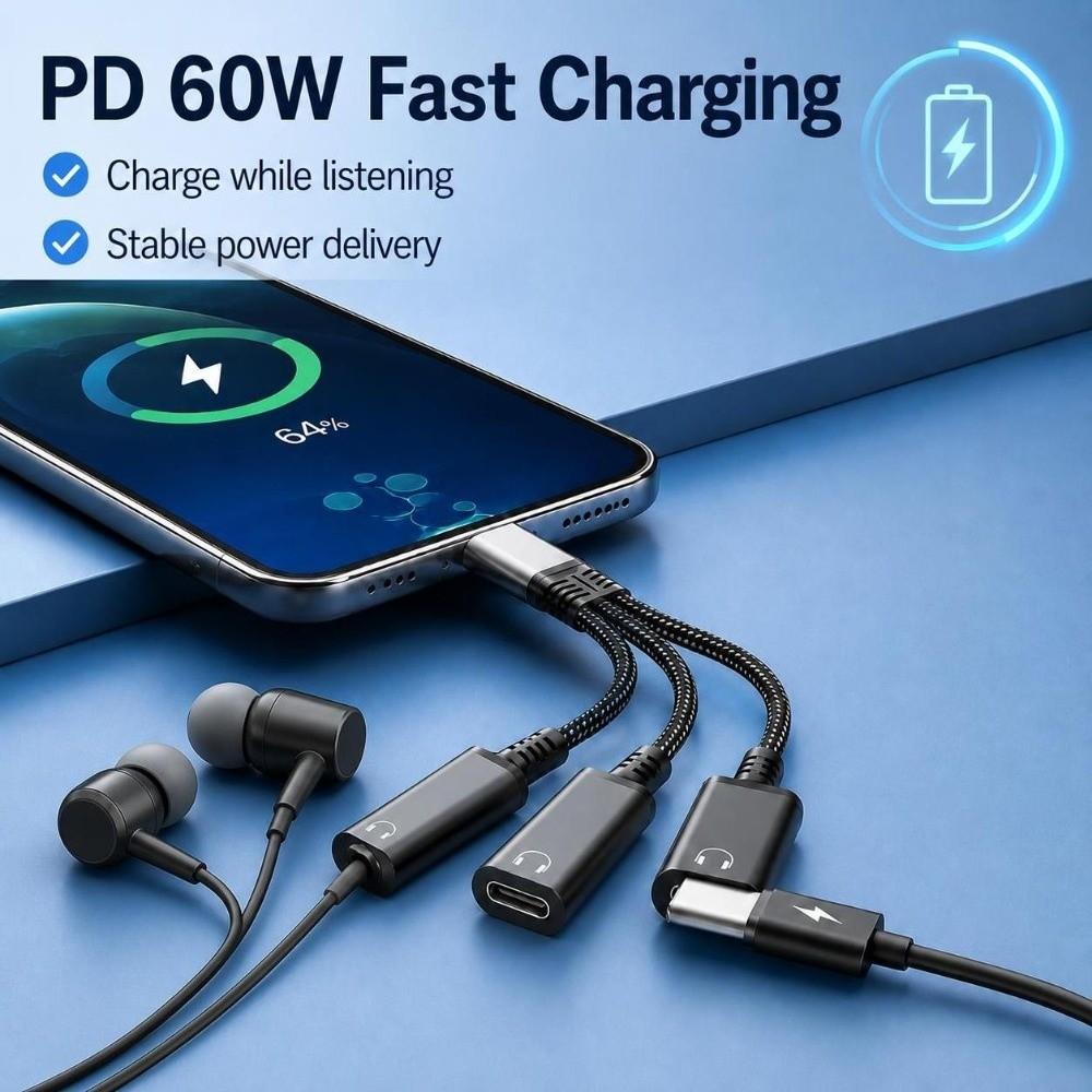 Dual Type-C Port Type-C Audio Adapter 3 In 1 Type-C Splitter Dongle  for Laptop Phone Tablet