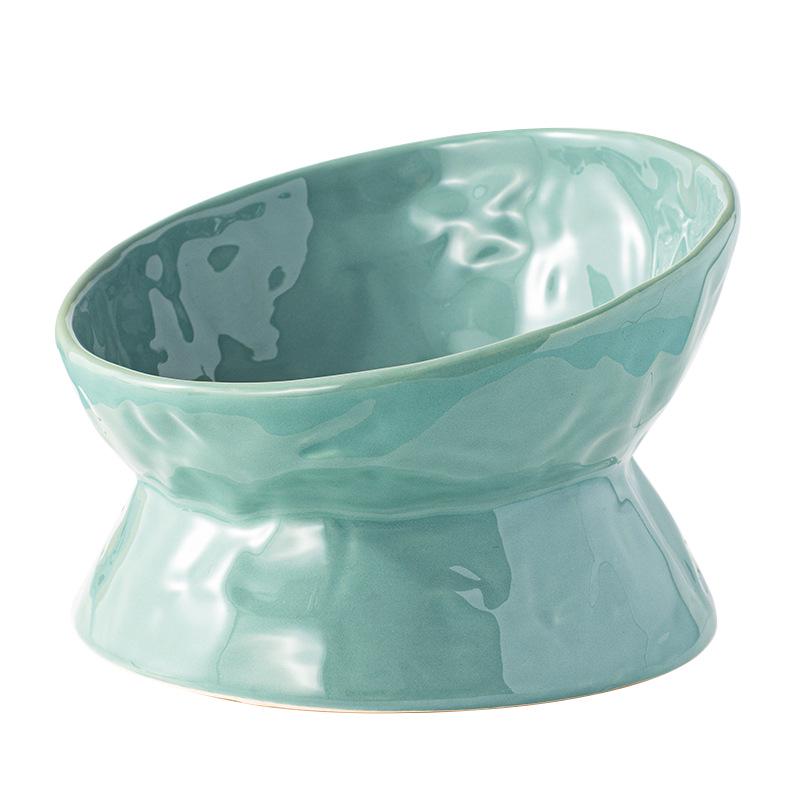 Ceramic Cat & Dog Feeder: Cute, Slanted Double Bowl with High-Leg Design for Neck Protection and Anti-Tip Stability.