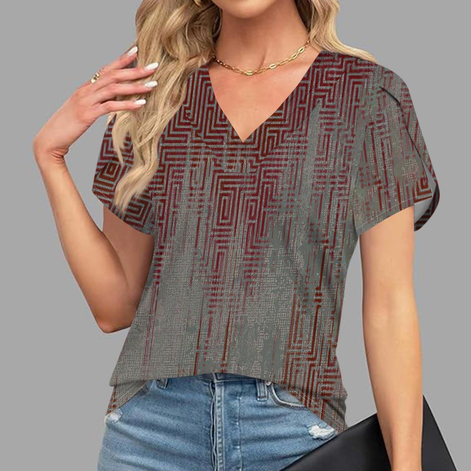 

Блузки для жінок Одягнений повсякденний, модний принт, короткий рукав, ретро-принт, футболка Унікальний дизайн, V-подібний виріз, великі футболки XL червоний