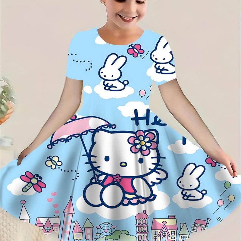 Fashion Girls' Princess Dress with 3D Wolf Print - Flared Summer Party Outfit, Durable Material