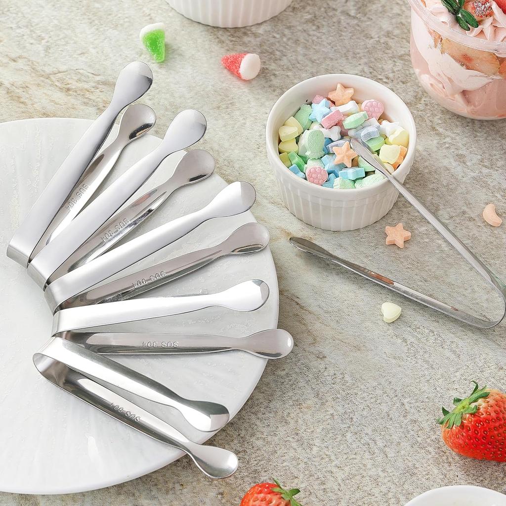 6PCS Mini Small Tiny Tongs, 4.25Inch Kitchen Metal Stainless Steel Small Tongs for Serving Food, Ice, Salad, Toaster, Desserts, Appetizers and