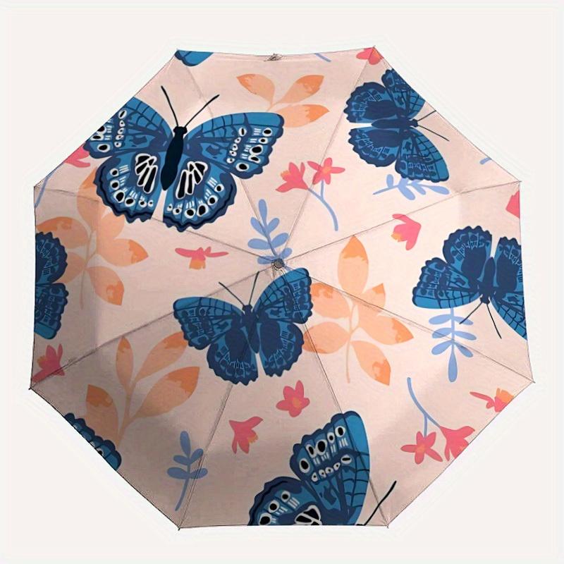 1pc Butterfly Floral Automatic Open/close Folding Compact Umbrella, 8-Rib Sturdy Canopy, Lightweight Portable, Everyday Use, Gift, Outdoor Umbrella, T
