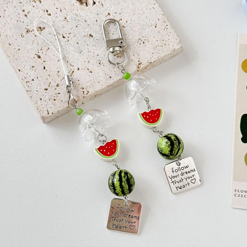 Cute Fruit Keychain Creative Summer Watermelon Pendant Key Chain Beaded Mobile Phone Anti-Lost Lanyard Bag Decorative Keyring
