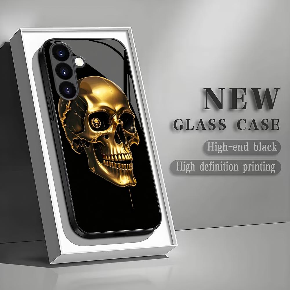 Gold Skull Black Glass Phone Case Suitable for Samsung Galaxy S26 S25 S24 S23 S22 S21 S20 FE/Ultra/Plus Anti Drop Back Cover