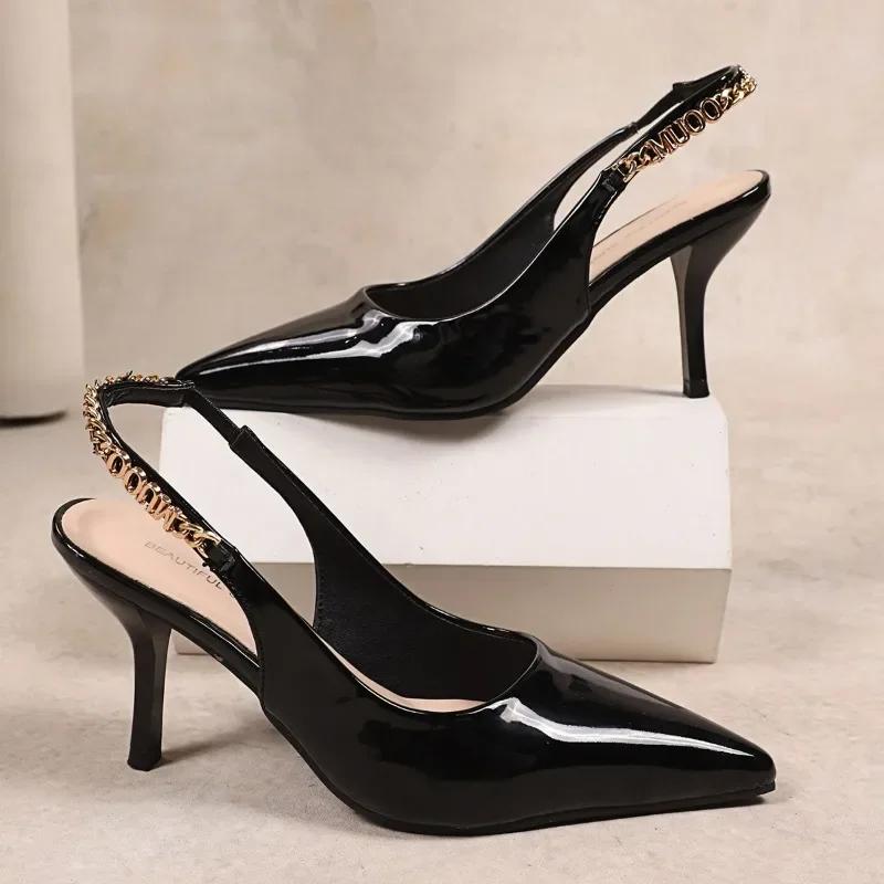 Fashion New Style Summer French Wine Red Pointed Patent Leather Mid-heel Overhead Sandals for Women Retro Skinny Heel Back Empty Shoes