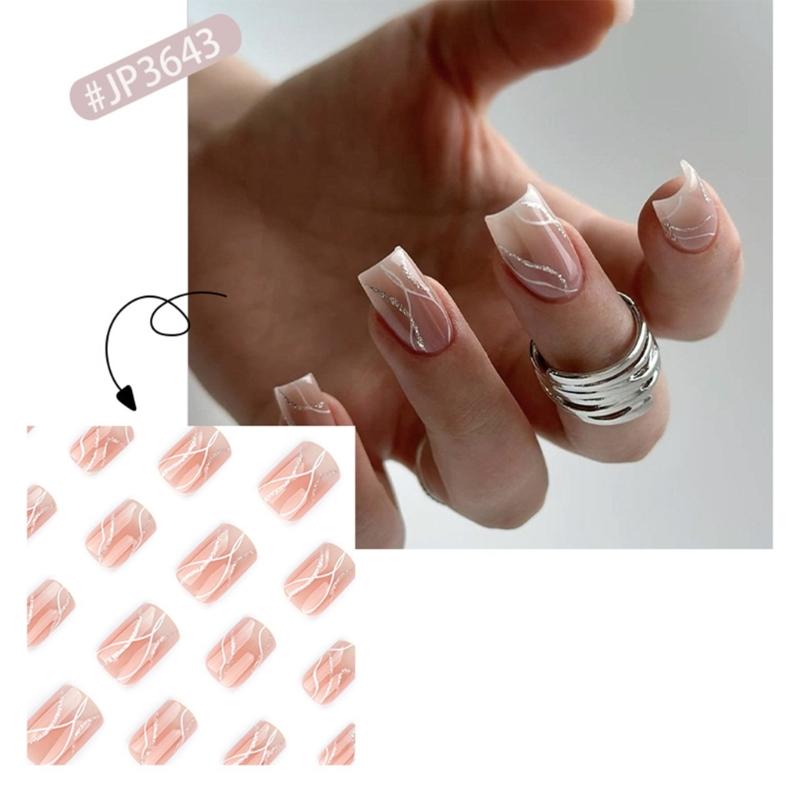 24 Pcs French Tip Stick On Nail Glossy False Nail Short Square Press On Nail White Wavy Lines Artificial Nail