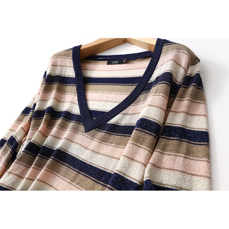 Export Export Chiffon Patchwork Bright Silk Stripes V-neck Sweater Spring & Fall Thin Loose Plus Size Bottoming Shirt Plus Size Ladies