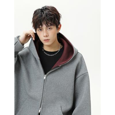 Heavy Contrast Color Inner Hooded Sweater Men's Autumn Loose Casual Cardigan Jacket Silhouette Tide Brand Jacket