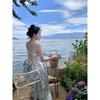French Backless Suspender Blue Floral Dress Seaside Photo Vacation Dress Back Bow Dress Women's Summer