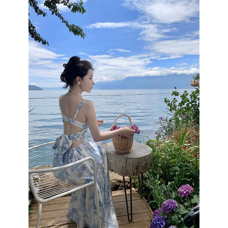 French Backless Suspender Blue Floral Dress Seaside Photo Vacation Dress Back Bow Dress Women's Summer
