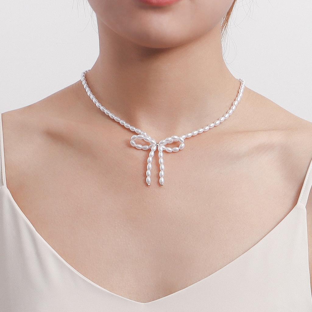 Elegant Pearl Zircon Bowknot Necklaces for Women Imitation Pearl Bow Choker Necklaces Exquisite Bowknot Tassel Pendant Necklace