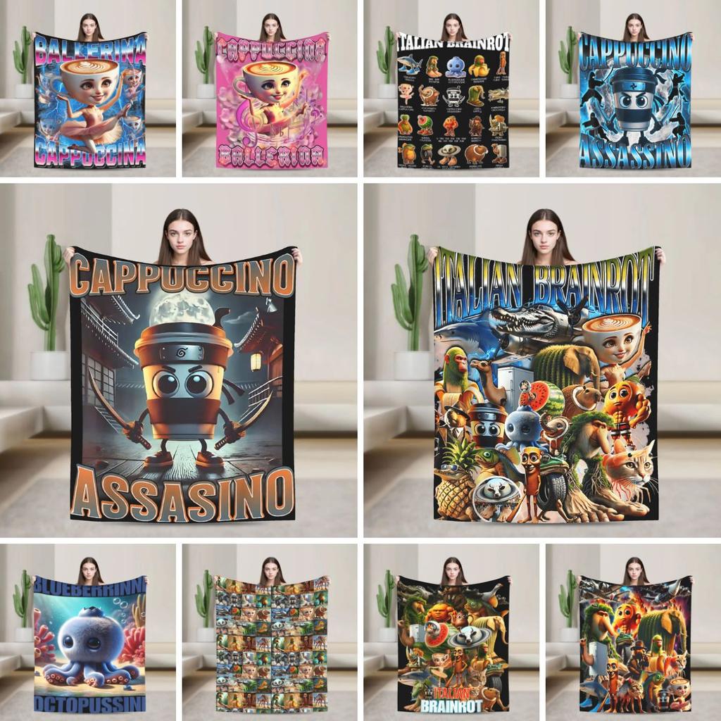 Italian Brainrot Cappuccino Assassino Fun Cappuccino Meme Blanket Soft Funny Plush Throw Blanket For Flannel Bedspread Bed Cover