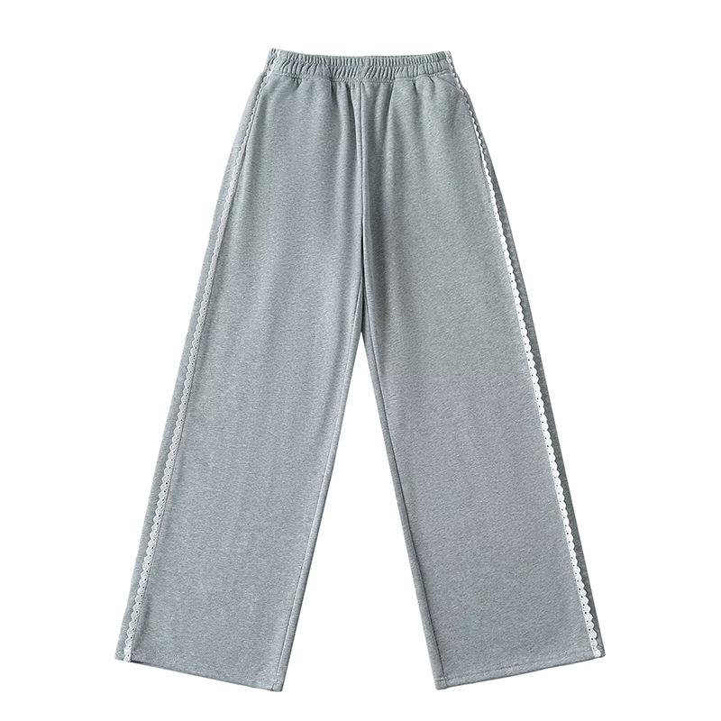 Spring and Autumn Women's Fashion Solid Colour Lace Splicing High Waisted Loose Wide Leg Pants