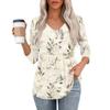 Womens 3/4 Sleeve V Neck Button Detail Floral Print Tunic Top Casual Loose Fit Lightweight Blouse