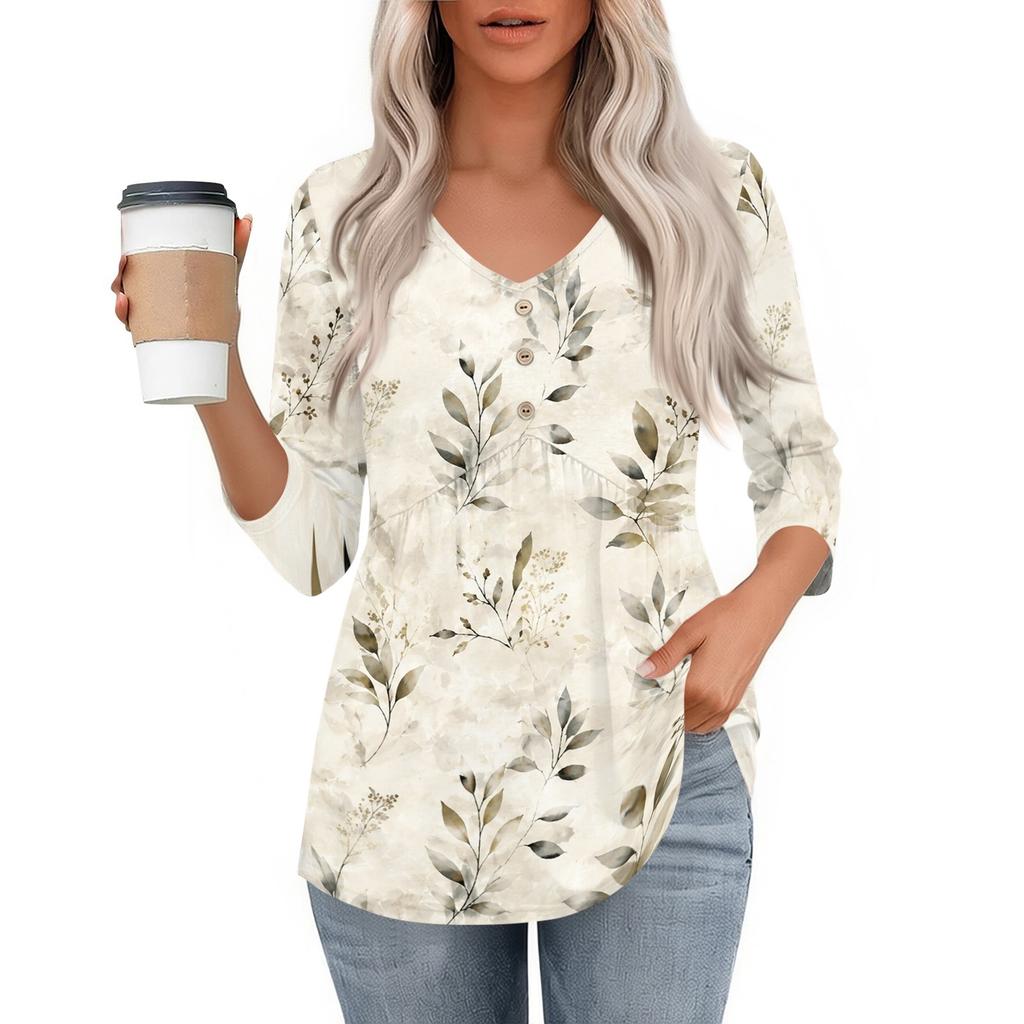 Womens 3/4 Sleeve V Neck Button Detail Floral Print Tunic Top Casual Loose Fit Lightweight Blouse