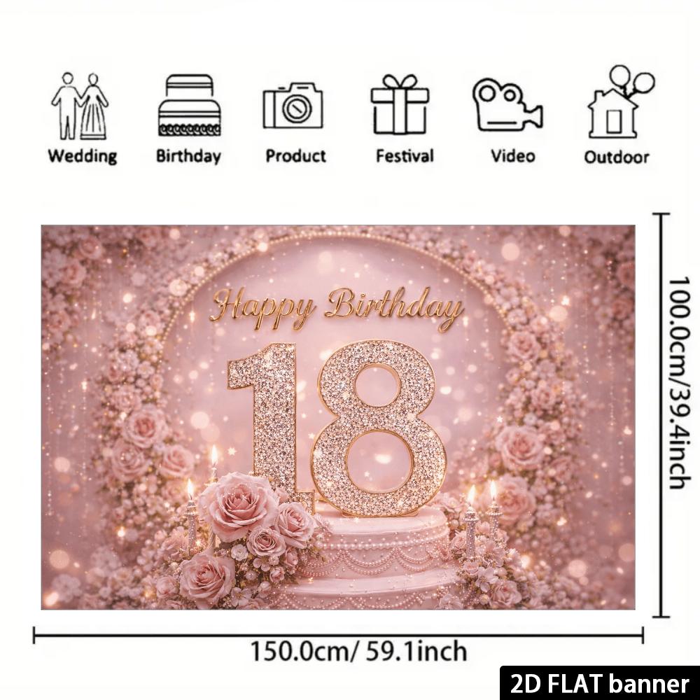 2D flache Farbe Blumenfeld 18. Geburtstag Hintergrundstoff mit glitzernden Diamanten und Zahlen 18 und Rosentorten-Elementen