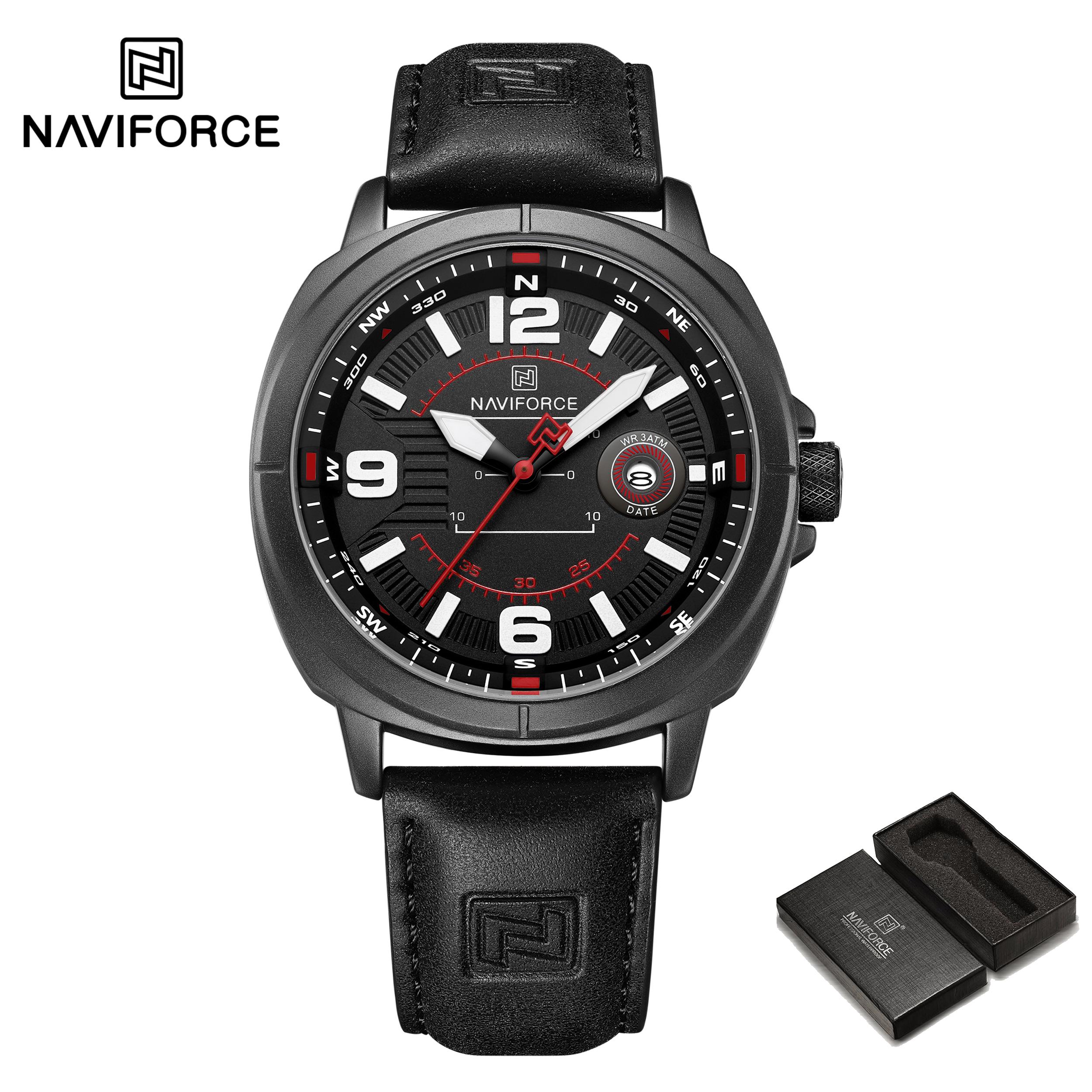 

Мужские кожаные часы NAVIFORCE, календарь, кварцевый механизм, водонепроницаемость 30 м, люминесцентные стрелки, повседневные модные мужские часы NF8078 чёрный/красный