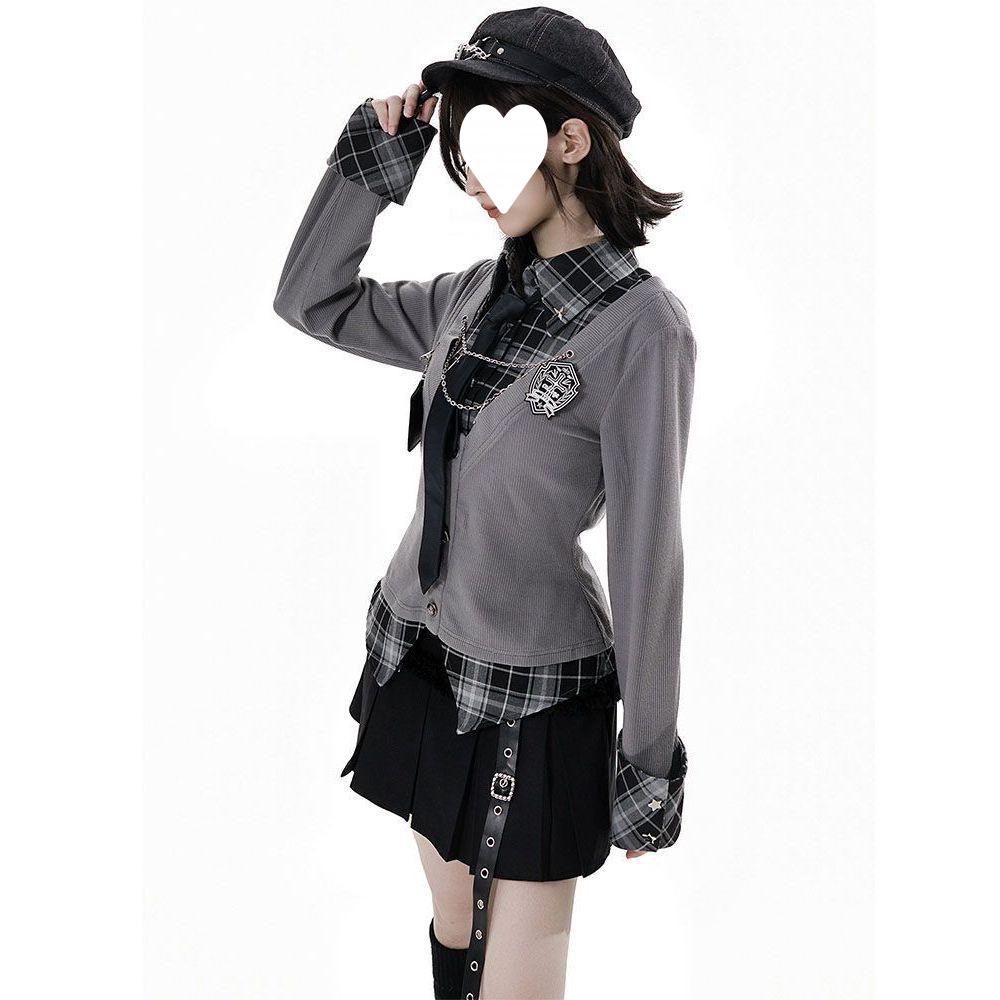 Japanese Academy Plaid Patchwork Waist-Cinched Shirt + Pleated Skirt Set