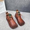 Johnature Square Toe Short Boots Genuine Leather Lace-up Retro Versatile Women Soft Sole Flat Shoes