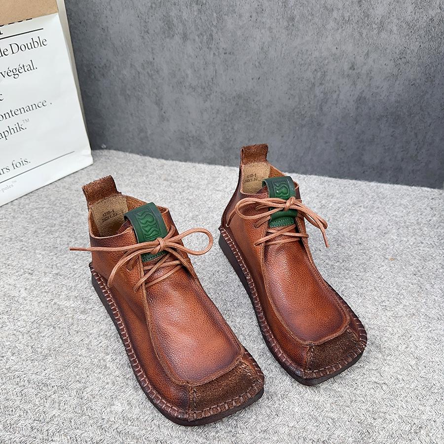 Johnature Square Toe Short Boots Genuine Leather Lace-up Retro Versatile Women Soft Sole Flat Shoes