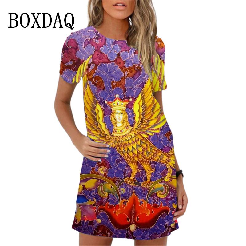 Vintage Abstract Landscape Fish Pattern Print Dress For Women Short Sleeve Clothing New 2024 Summer Dress Casual Mini Dress
