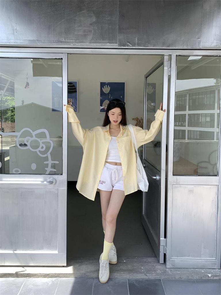 Korean Style Yellow Striped Long Sleeve Mid-Length Shirt Jacket for Women