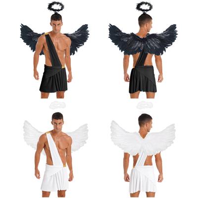 Mens Halloween Angel Costume One Shoulder Strap Ruffle Skirt Feather Angel Wings Hair Hoop Set