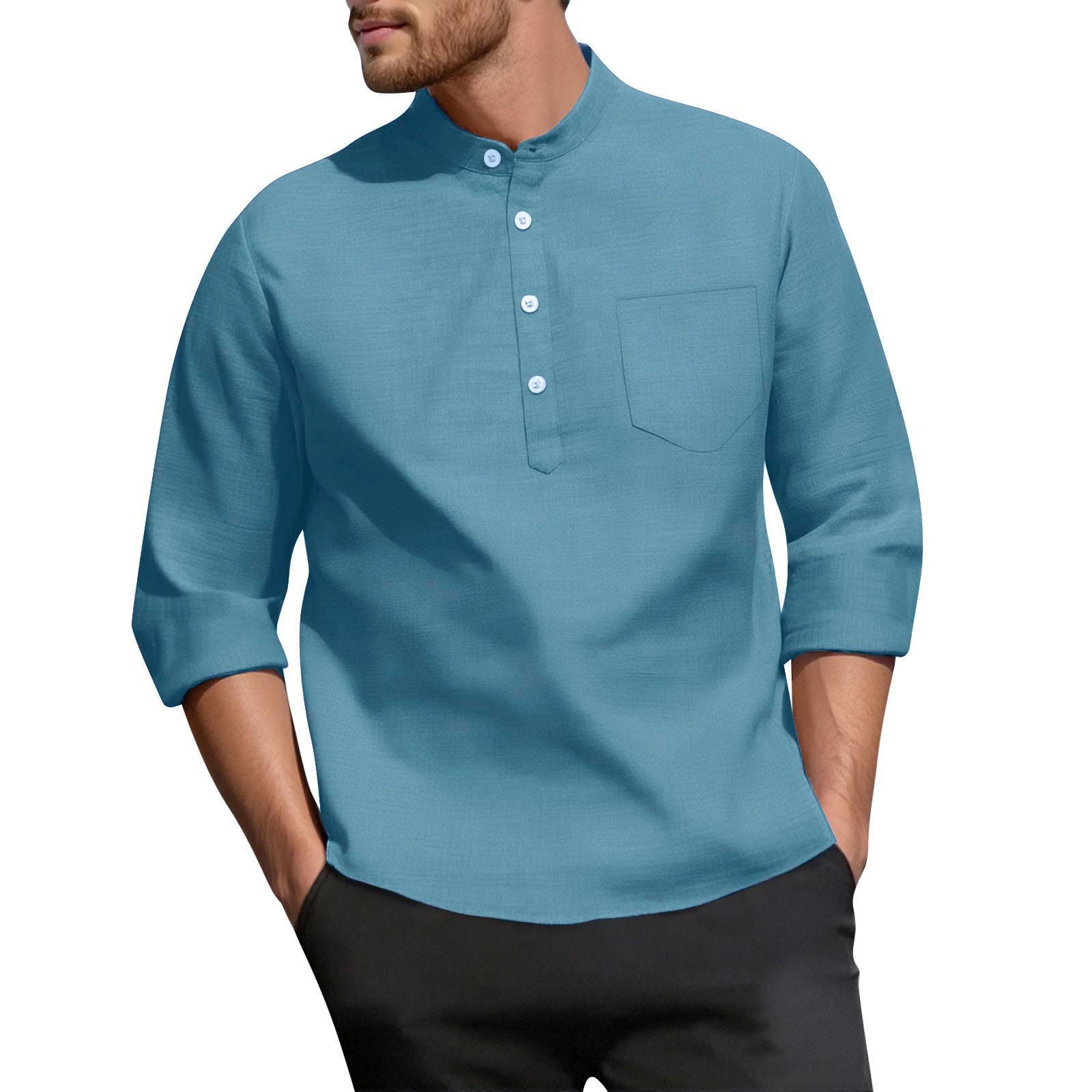 Men s Casual 3/4-Sleeve Shirt - Stand Collar Loose-Fit Breathable Color With Pocket S