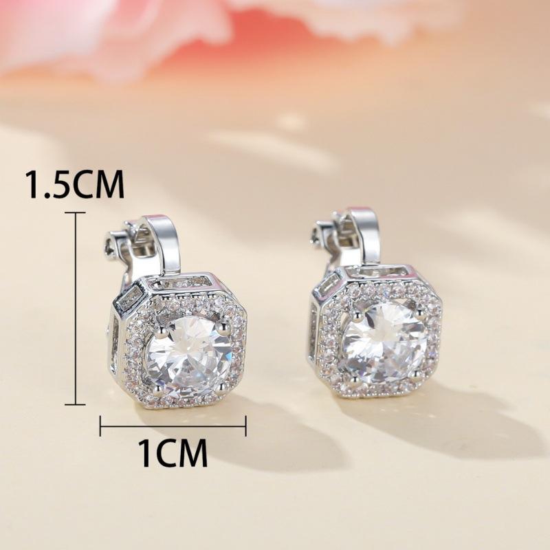 Wish platinum super flash square full of diamonds and large zircon ear clips, simple and small temperament