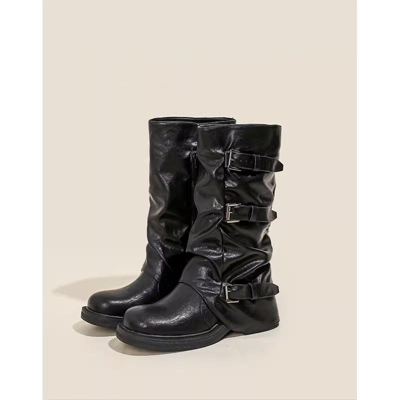 

Кожаные ботинки на толстой подошве с пряжкой в западном стиле Женские ботинки для мытья пола Плиссированные ботинки с ворсом Ботинки до середины икры Женские 37