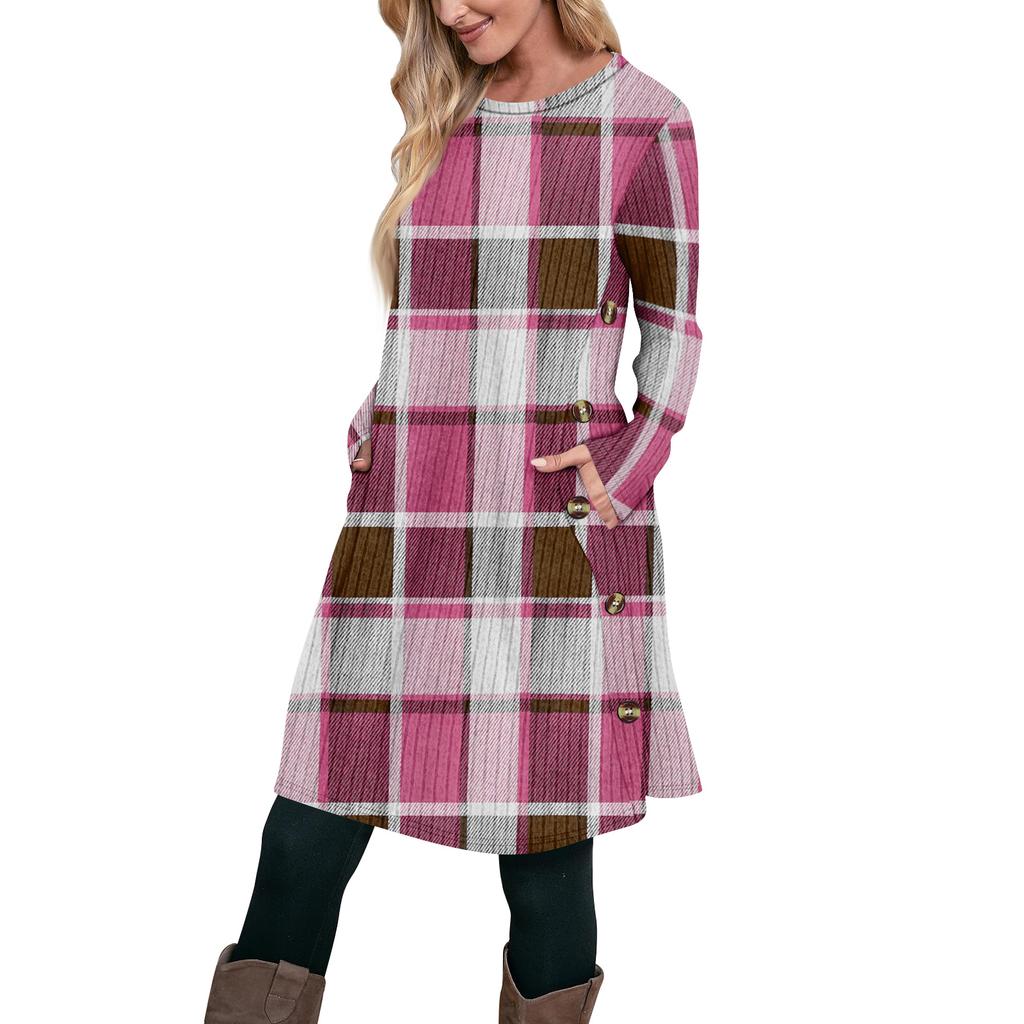 Women's Fashion Casual Long SleeveTunic Dress With Pockets Side Button Dress